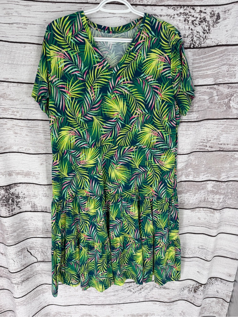Lands' End Tropical Leaf V-Neck Dress in Green and Yellow